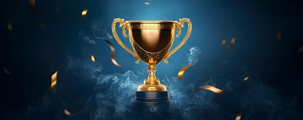 Golden Trophy Amidst Shimmer: A solitary golden trophy gleams amidst a cascade of confetti and wisps of ethereal smoke, evoking a sense of accomplishment, celebration, and refined triumph.
