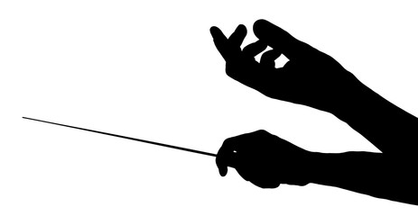 Silhouette of conductor with baton on white background, closeup