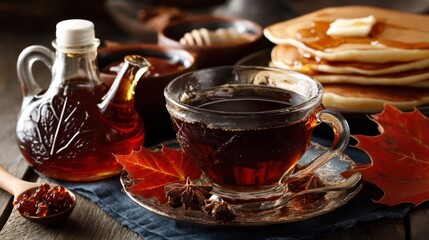 Maple syrup, pancakes, and autumn leaves.