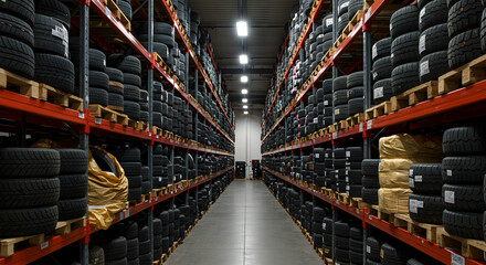 Warehouse Interior View Full of Stacks of New Black Tires on Red Racks and Wooden Pallets Storage with Gray Aisle and Organized System