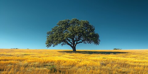 Fototapeta premium Serene Oak Tree in Golden Wheat Field under a Vivid Blue Sky Peaceful nature landscape photography