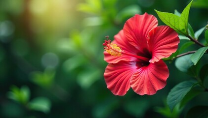Vibrant tropical hibiscus, lush foliage, endless repeat , green, image