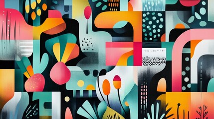 Abstract painting of nature inspired elements in vivid hues and bold shapes spanning the canvas creating a lively and modern artwork