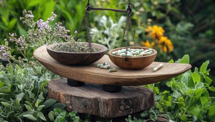 Herbal medicine balance.  Wooden scale with dried herbs and pills amidst flourishing garden