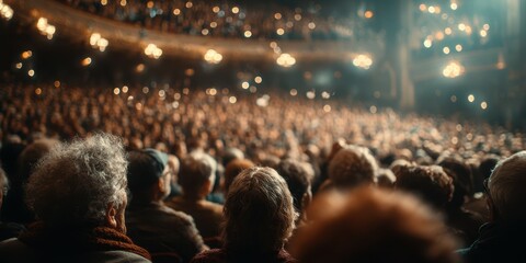 Audience enjoying a performance in a grand theater illuminated by chandeliers during an evening show