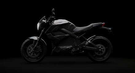 Fototapeta premium Sleek Black Electric Motorcycle Illuminated Against a Dark Dramatic Background