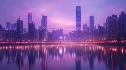 Fototapeta premium City skyline reflecting on water in Shenzhen, China illuminated at twilight with a purple hue and skyscrapers