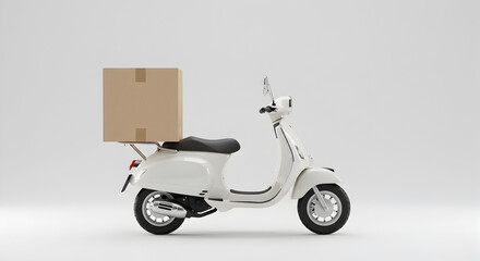 White Delivery Scooter with Brown Cardboard Box in Minimalist Style on White Background
