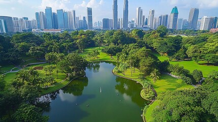 Aerial view of Ayala Triangle Gardens and Makati City skyline in the Philippines