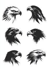 Vector set featuring six stylized, detailed eagle head illustrations