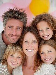 A happy family portrait shows a smiling couple with their three young children posing closely together for a cheerful photo.