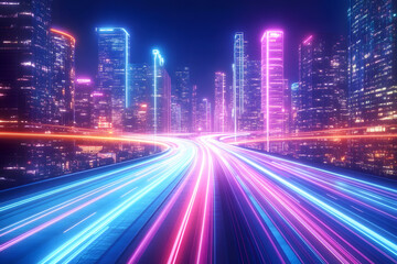 A path is illuminated by swift light trails as they make their way through a modern, high-tech city, replete with towering skyscrapers, a neon-lit landscape, and an array of innovative technologies,