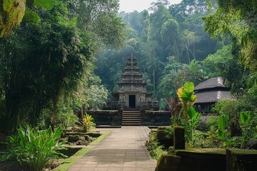 Ancient hindu temple in Bali surrounded by tropical foliage and pathways on a cloudy day in the early morning