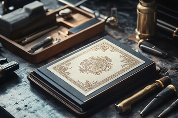 A realistic paper craft embosser mockup with a branded design, placed on a table