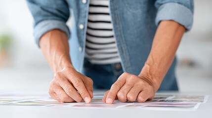 A close-up view of a person's hands sorting through colorful photographs on a table, showcasing an organized creative process and the joy of memories captured in images.