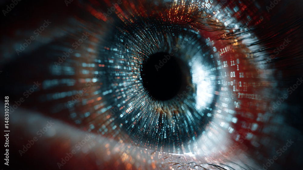 Poster abstract digital eye closeup with binary code data stream flowing through iris showing technology co
