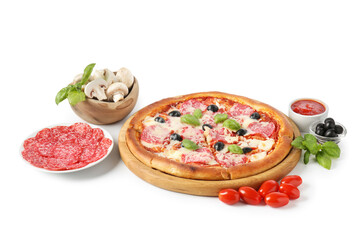 Tasty pizza and ingredients isolated on white
