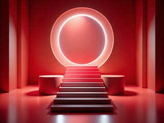 Fototapeta premium Abstract 3D Render: Red Platform, Glowing White Circle, Stairs - High Depth of Field Stock Photo