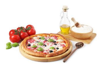 Tasty pizza and ingredients isolated on white