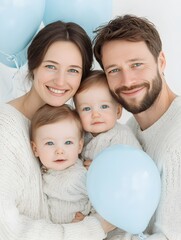 A happy young family with two adorable babies smiles warmly for a charming portrait photo against a bright white background.
