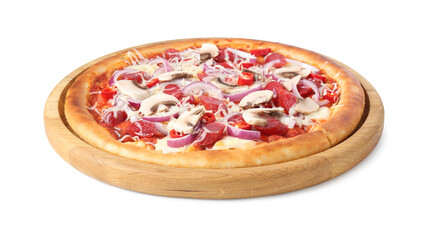 Tasty pizza with smoked sausages and mushrooms isolated on white