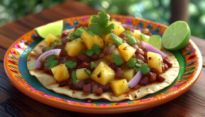 A modern take on Mexican fusion cuisine sushi style tacos with vibrant garnishes minimalist plating on a black slate board