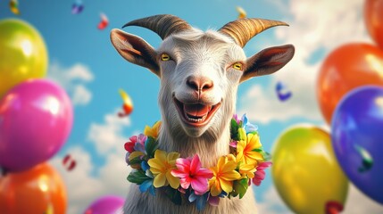 Playful Goat Surrounded by Colorful Balloons and Vibrant Flowers in a Joyful Celebration Atmosphere