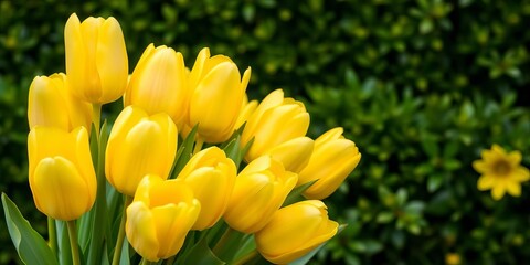 Vibrant yellow tulips arranged in a bouquet against a lush green backdrop, background, floral arrangement