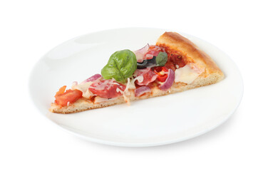 Slice of tasty pizza with thin smoked sausages isolated on white