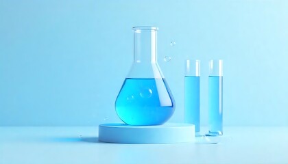 3D illustration featuring a modern glass beaker filled with a vibrant, bubbling blue liquid, science experiment concept, created with generative ai