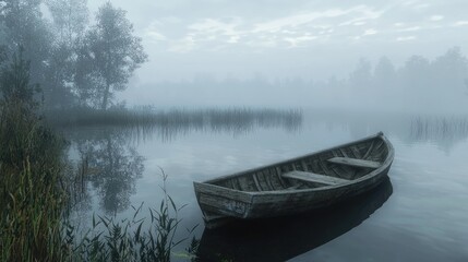 Misty lake scene with an aged wooden boat.