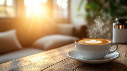 Obraz premium Steaming latte art in a white cup on a wooden table in sunlight.