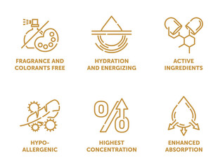 Collagen characteristics and benefits - square icons set in thin separated line