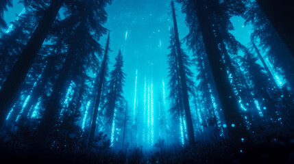 Enchanted Forest at Night with Glowing Lights: A magical landscape with tall trees, sparkling blue illumination, and a sense of wonder