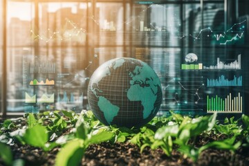 Globe Over Green Plants with Data Charts in Modern Office Environment