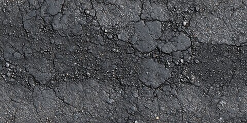 Dark wet asphalt surface with pebbles and orange speckles, top view
