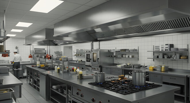 Brightly Lit Commercial Kitchen with Stainless Steel Equipment and Chef in Background with Clean White Tiled Walls