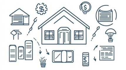 Outlined home and business icons surround house representing success and growth