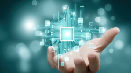 A futuristic hand reaching out, showcasing a glowing microchip with digital circuits, symbolizing innovation and connectivity in technology. Ideal for tech-related content.