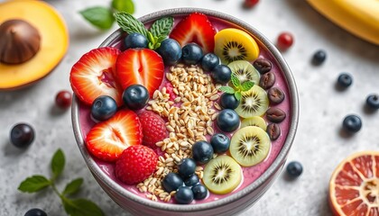 Vibrant smoothie bowl brimming with fresh fruit, seeds, and superfoods,  wellness,  food