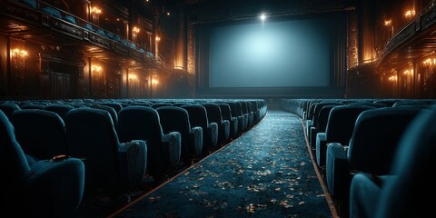 Elegant vintage theater interior with blue velvet seats and bright screen awaiting audience arrival before a classic film screening