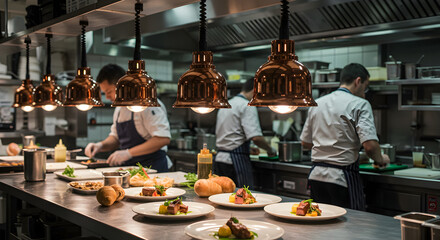 Busy Restaurant Kitchen With Chefs Preparing Plates Under Warm Pendant Lights In Professional Environment