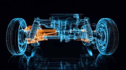 Detailed 3D rendering of a vehicle's suspension and drivetrain components