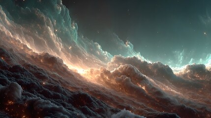 Naklejka premium Celestial Cloudscape Awe Inspiring Space Art Featuring Glowing Nebula and Cosmic Dust