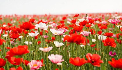 Fototapeta premium Vibrant poppy field, red, white, pink blooms interspersed, poppy seeds, red