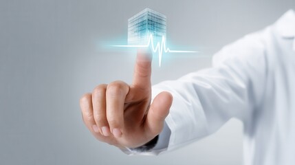A healthcare professional interacts with a digital interface, symbolizing the fusion of technology and medicine. The image depicts innovation in patient care and health monitoring.