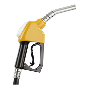 Fuel nozzle for dispensing gasoline, featuring yellow handle and metallic spout, ideal for fueling vehicles