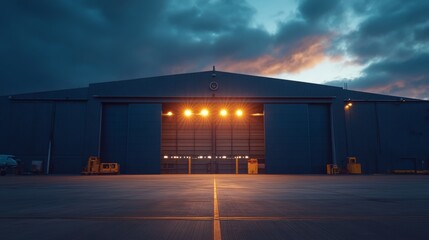 Industrial Warehouse at Dusk with Dramatic Sky