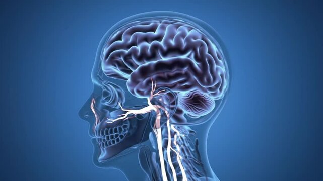 Anatomical 3d animation of the human brain showing pain. Transparent head and neck made of glass, rotating, on a blue background. The animation is smooth, scientific, and educational.