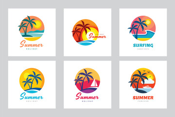 Summer travel vacation concept business logo set vector illustration in circle shape. Paradise beach coast color graphic signs. Graphic design elements.	